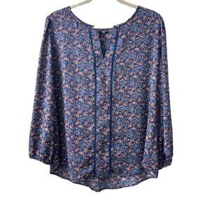 Collective Concepts Blue Paisley Printed Keyhole Blouse 3/4 Sleeve Size Large